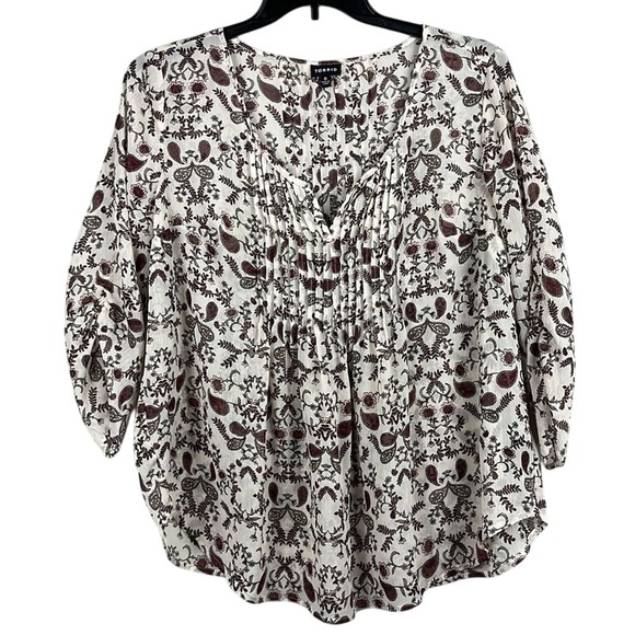 Torrid 3/4 Sleeve Sheer Chiffon Pintuck Blouse Womens‎ Size 0 (12 L) Brown Ivory - Picture 1 of 12